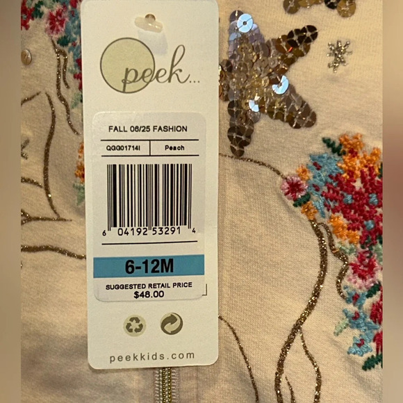 NWTS PEEK KIDS Peach Hoodie + Sequin Unicorn & Butterfly Accents Size 6-12 Month - Picture 6 of 7